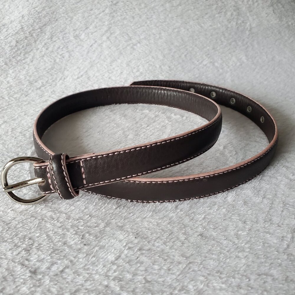 NEW Cole Haan Women's Brown Leather Skinny Belt Silver Buckle Contrast Stitch S